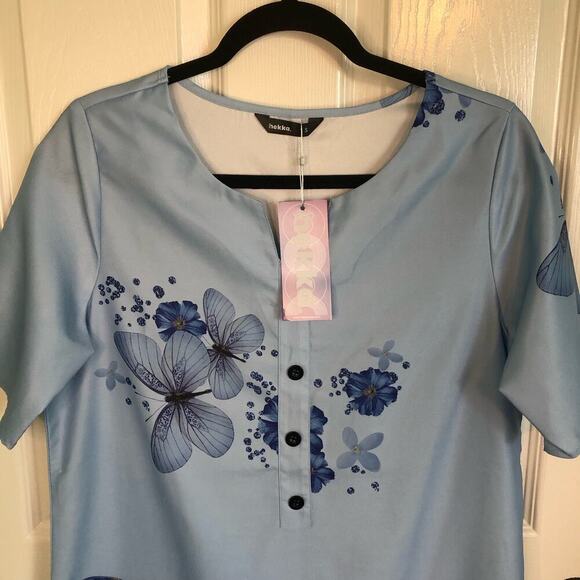 NWT Hekka Long Sky Blue Dress Flowers Butterflies Short Sleeve - Size Small - Picture 2 of 6
